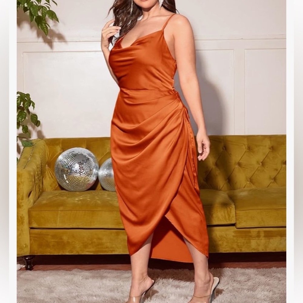 NWT Floernes burnet orange satin Ruched  Strap Cowl neck wrap party dress, L+